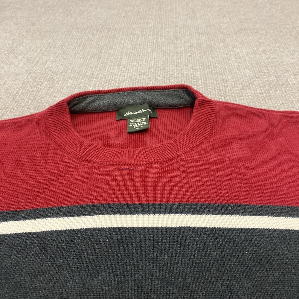 Eddie Bauer Sweater Mens XLT Gray Red Stripe Crewneck Knit Pullover Long Sleeve - Picture 2 of 7